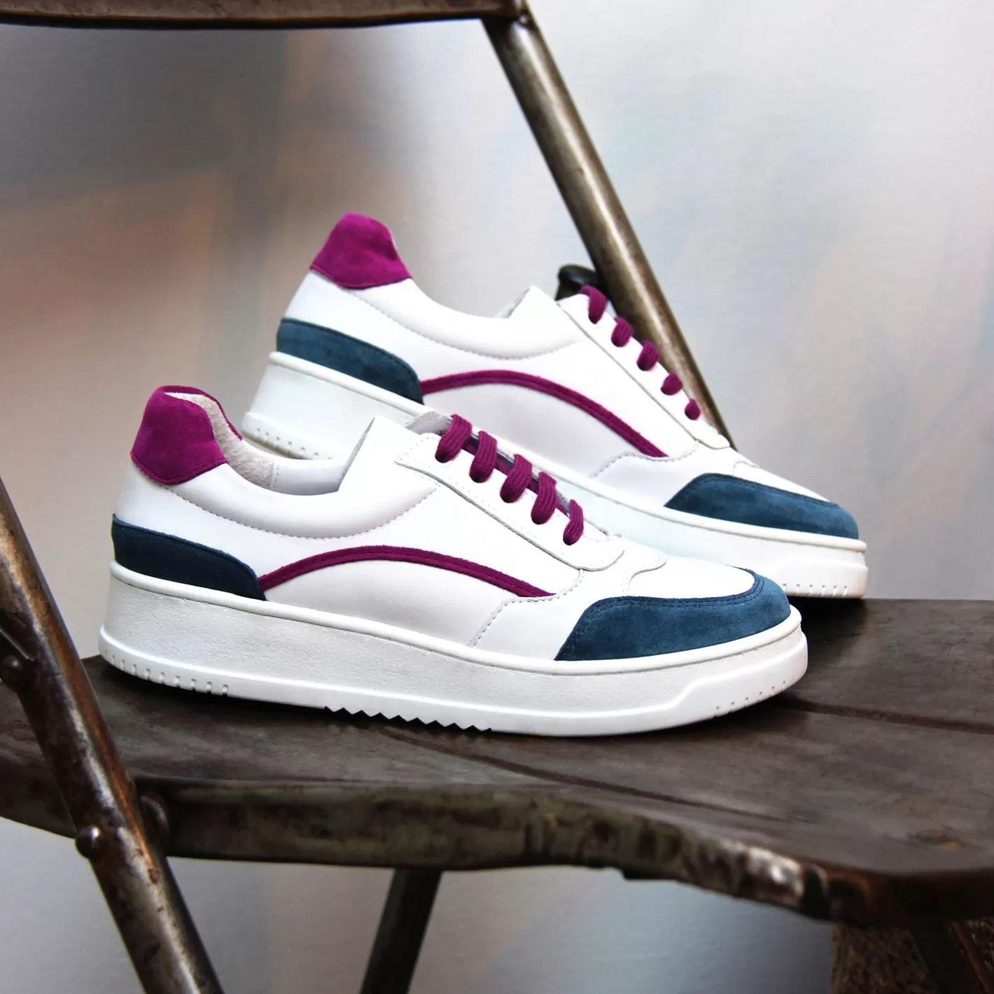 Baskets-JULES & JENN Baskets Vintage Cuir Blanc Mauve Blanc/Mauve