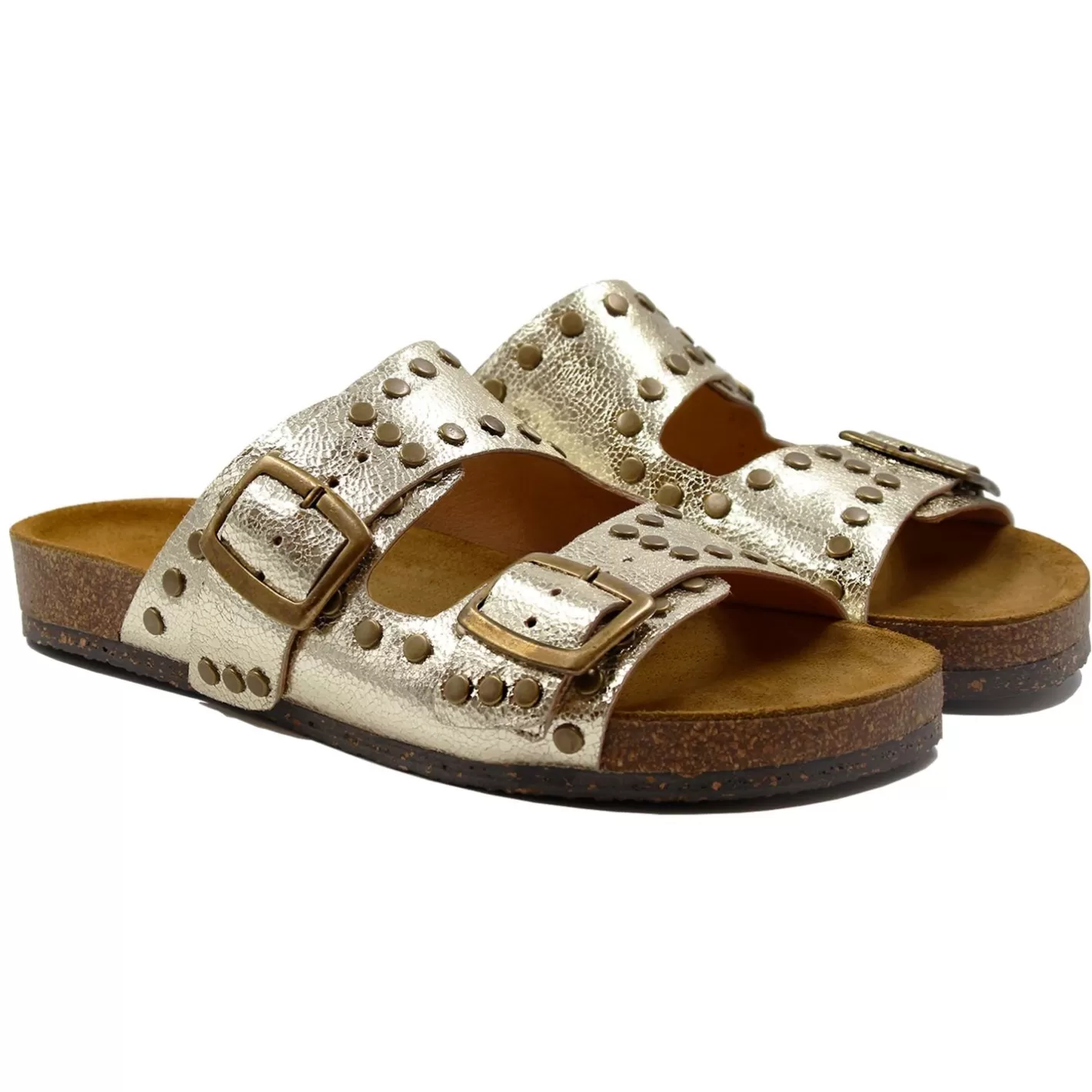 Sandales-JULES & JENN Mules Liege Clous Cuir Metallise Dore