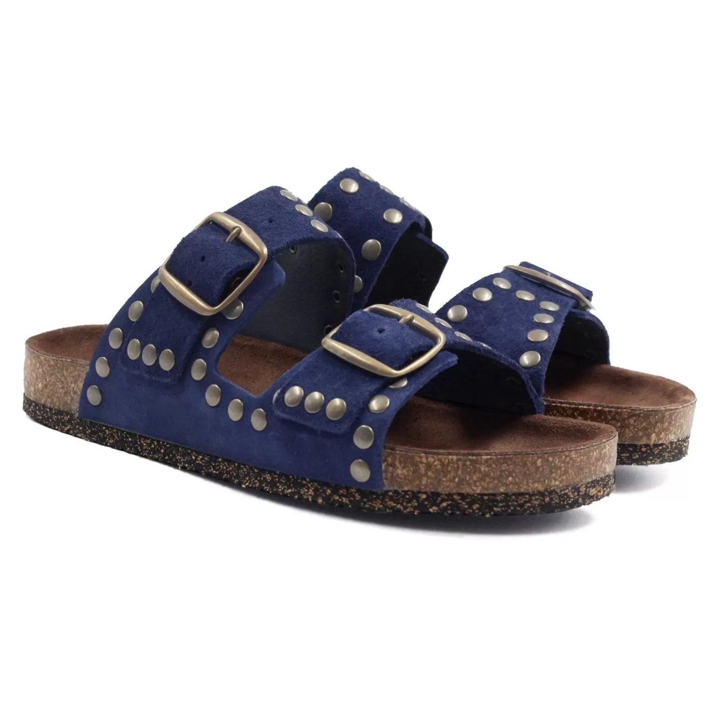 Sandales-JULES & JENN Mules Liege Cloutees Cuir Daim Bleu