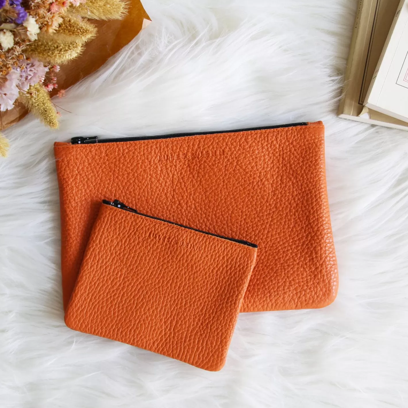 Petite Maroquinerie-JULES & JENN Pochette Cuir Graine Upcycle Petit Modele Orange